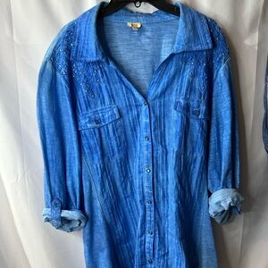 Reba Blue snap button western boho Shirt with Embellished Shoulders